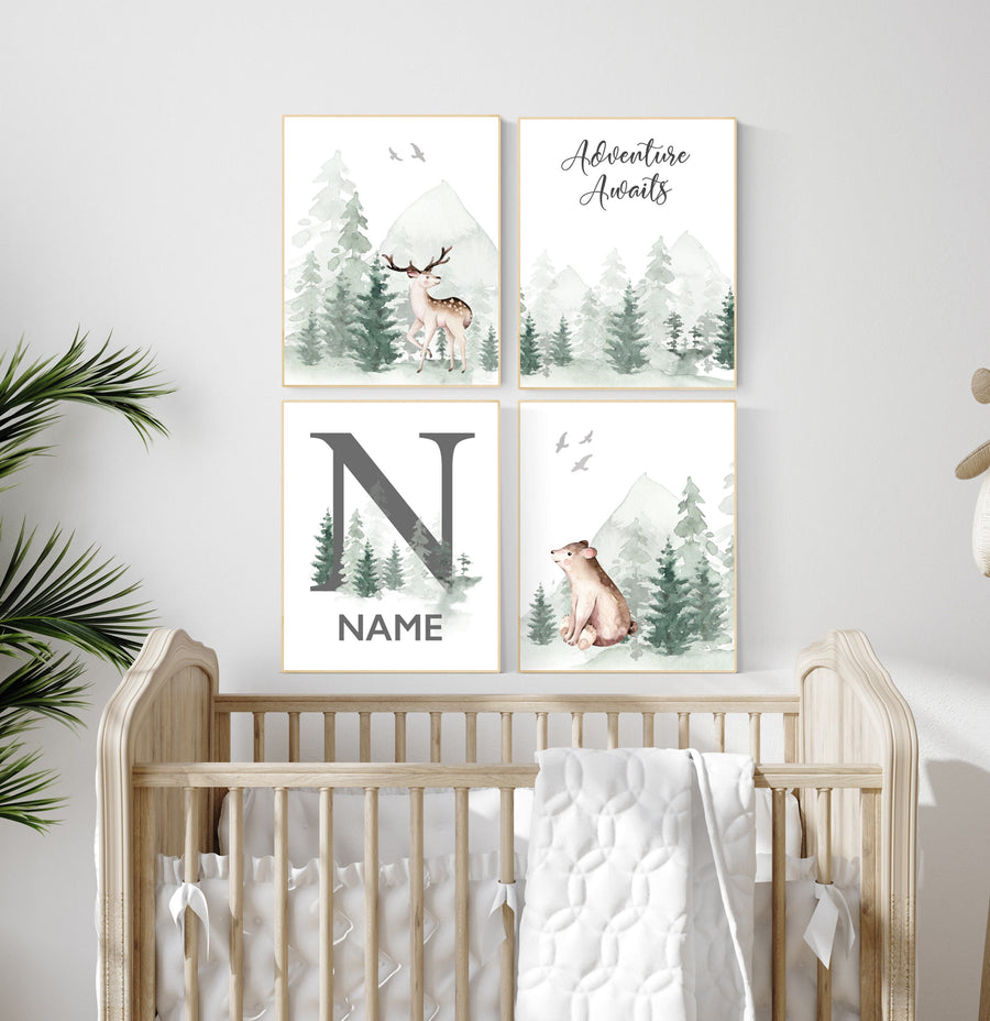 Nursery decor woodland, mountain wall art, tree nursery, adventure theme nursery, forest, woodland animals, forest nursery, gender neutral