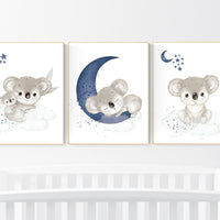 Navy nursery decor, koala nursery, moon and stars, navy blue nursery art, nursery prints animals, boy nursery decor, koala mother and baby