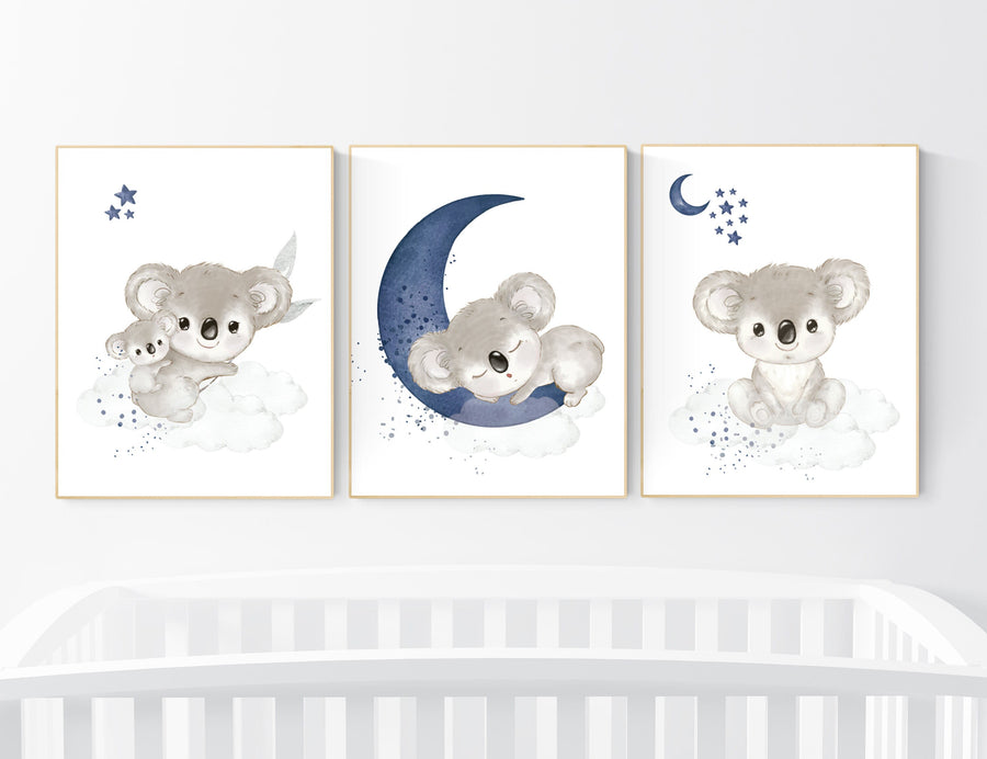 Navy nursery decor, koala nursery, moon and stars, navy blue nursery art, nursery prints animals, boy nursery decor, koala mother and baby