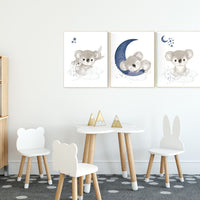 Navy nursery decor, koala nursery, moon and stars, navy blue nursery art, nursery prints animals, boy nursery decor, koala mother and baby