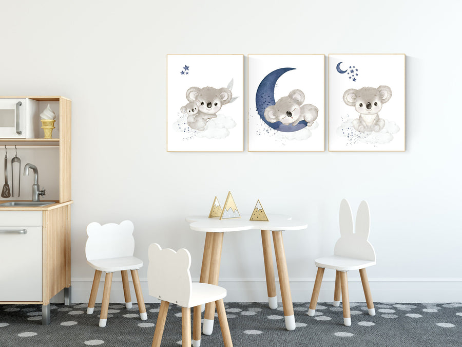 Navy nursery decor, koala nursery, moon and stars, navy blue nursery art, nursery prints animals, boy nursery decor, koala mother and baby