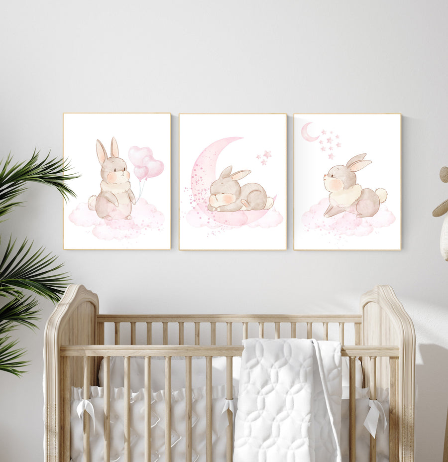 Nursery wall art bunny, pink nursery decor, Nursery decor girl flower bunny, bunny print nursery girl, rabbit nursery, rabbit print nursery