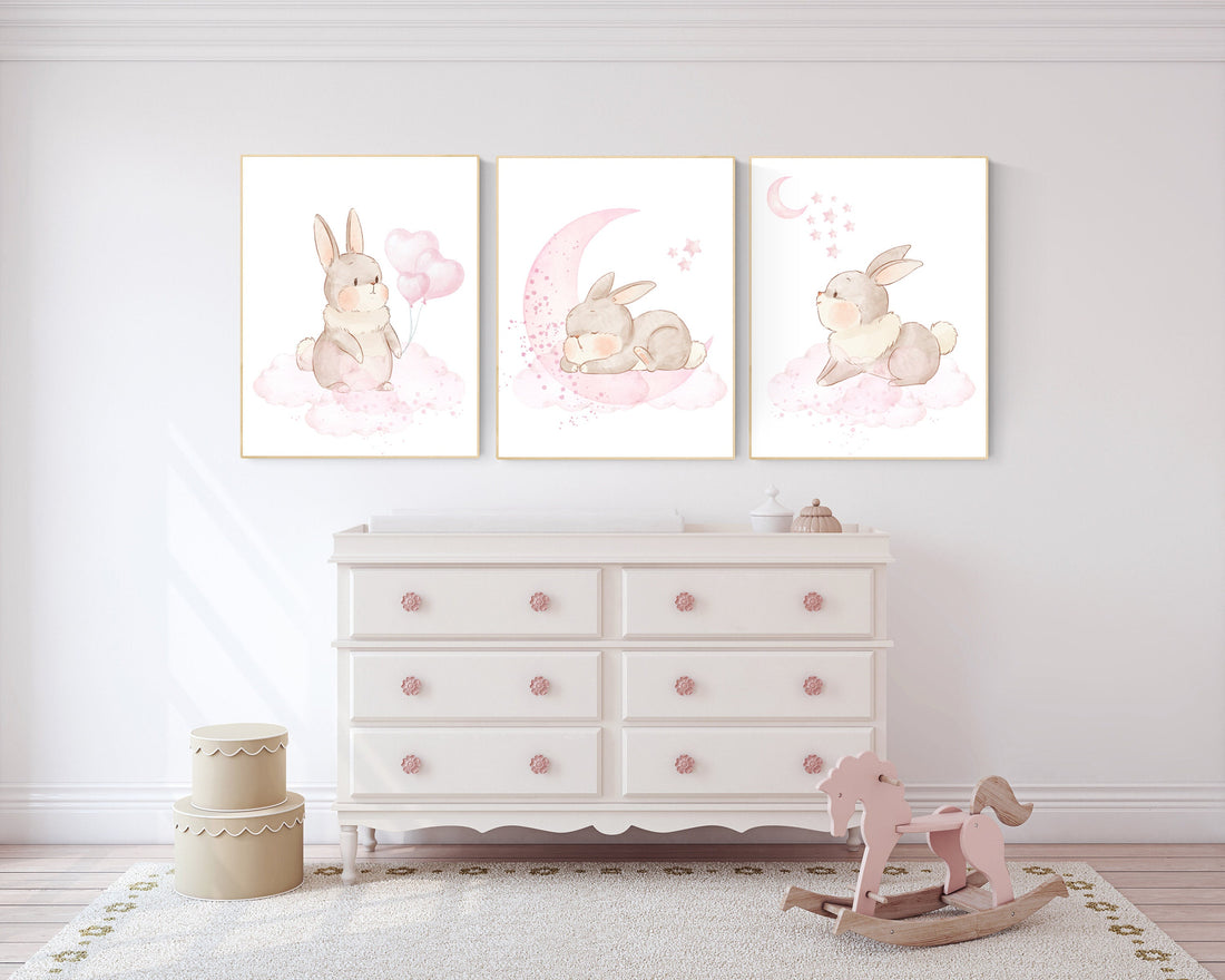 Nursery wall art bunny, pink nursery decor, Nursery decor girl flower bunny, bunny print nursery girl, rabbit nursery, rabbit print nursery