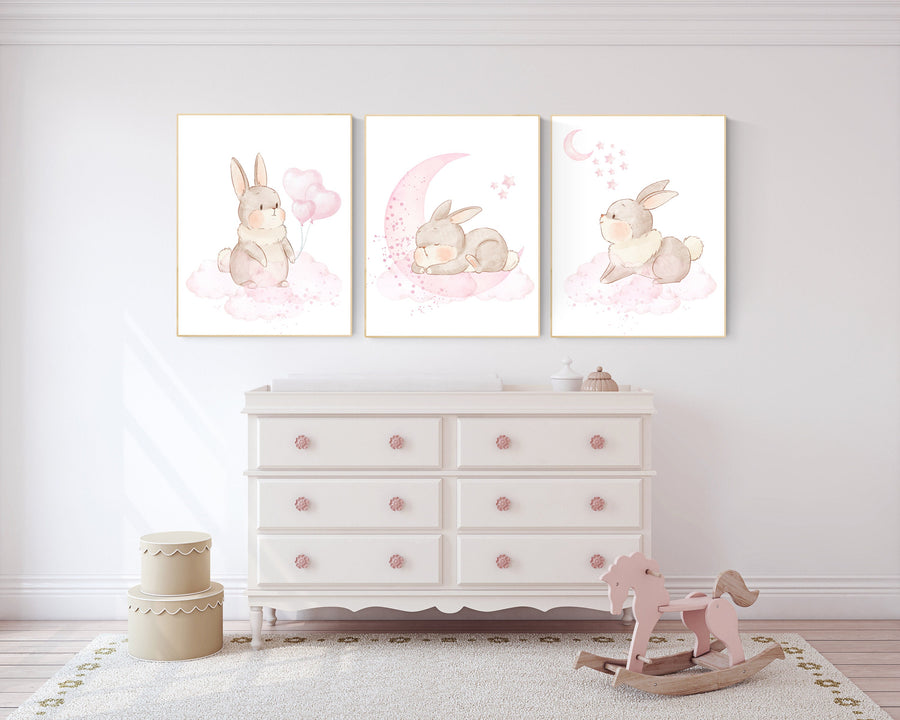 Nursery wall art bunny, pink nursery decor, Nursery decor girl flower bunny, bunny print nursery girl, rabbit nursery, rabbit print nursery