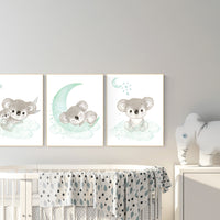 Koala nursery, mint nursery, moon and stars, mint green nursery art, nursery prints animals, gender neutral nursery, koala mother and baby