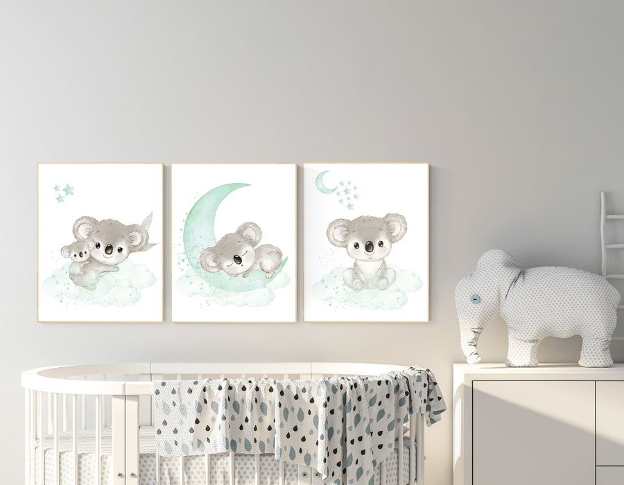 Koala nursery, mint nursery, moon and stars, mint green nursery art, nursery prints animals, gender neutral nursery, koala mother and baby