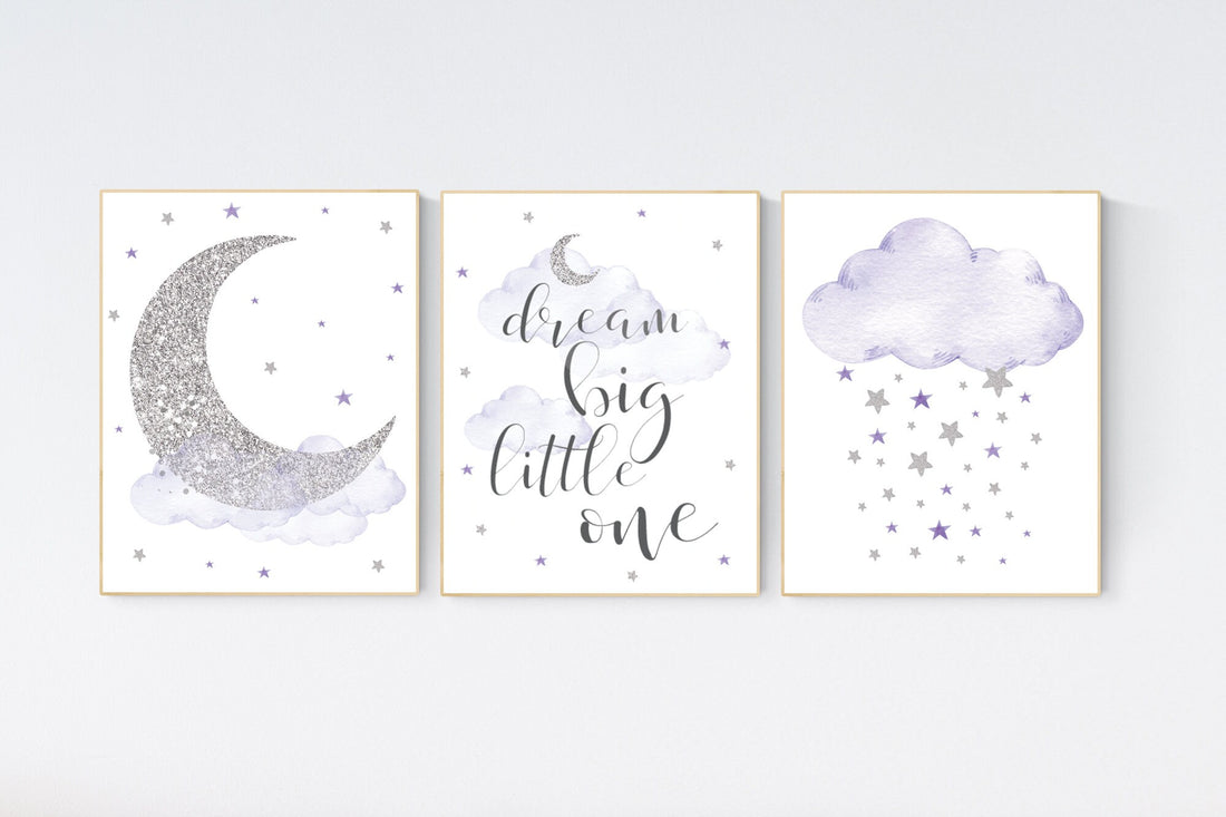 Nursery decor girl, moon and stars, Purple silver, lilac silver, baby room decor girl, lavender, cloud and stars, baby room, girl room ideas