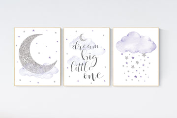 Nursery decor girl, moon and stars, Purple silver, lilac silver, baby room decor girl, lavender, cloud and stars, baby room, girl room ideas