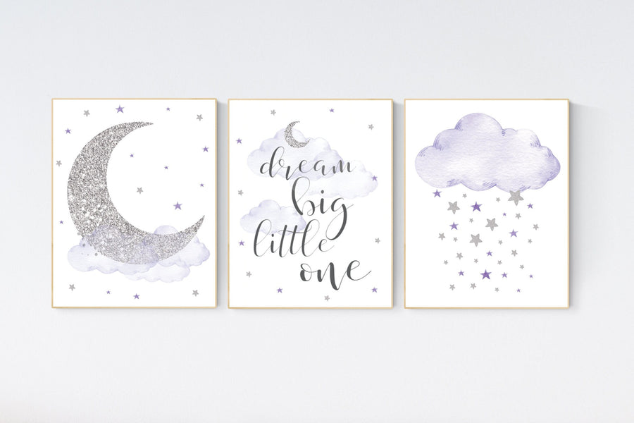 Nursery decor girl, moon and stars, Purple silver, lilac silver, baby room decor girl, lavender, cloud and stars, baby room, girl room ideas