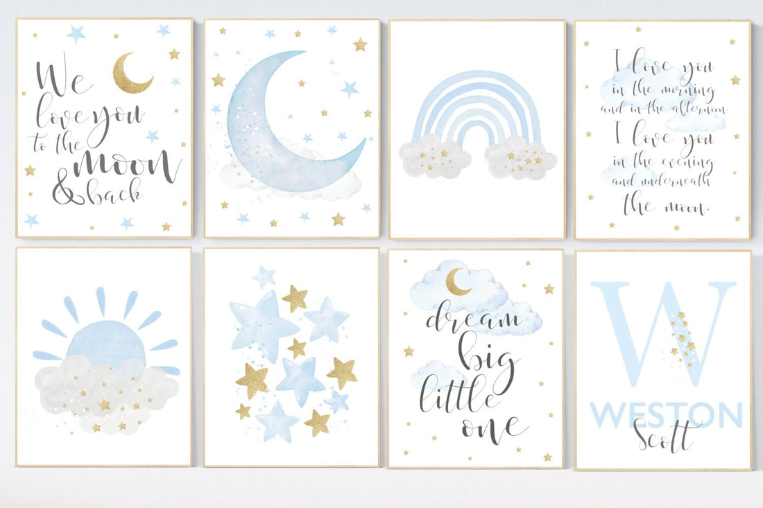 Nursery decor boy, blue and gold nursery, rainbow nursery, boys room decor, blue nursery wall art, cloud and stars, baby room decor