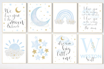 Nursery decor boy, blue and gold nursery, rainbow nursery, boys room decor, blue nursery wall art, cloud and stars, baby room decor