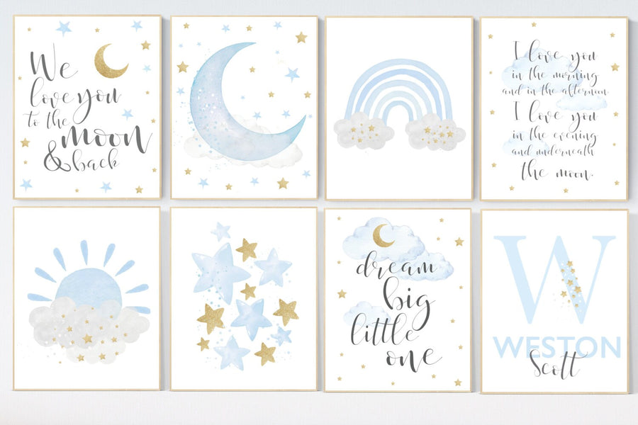 Nursery decor boy, blue and gold nursery, rainbow nursery, boys room decor, blue nursery wall art, cloud and stars, baby room decor