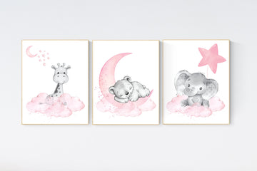 Nursery wall art girl elephant, pink and grey, nursery decor girl pink, moon, stars, nursery prints, baby room decor, girl nursery, animals