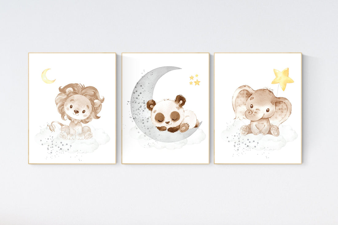 Nursery decor neutral, Yellow gray nursery, nursery wall art animals, elephant, lion, panda, moon, stars, gender neutral, yellow and gray