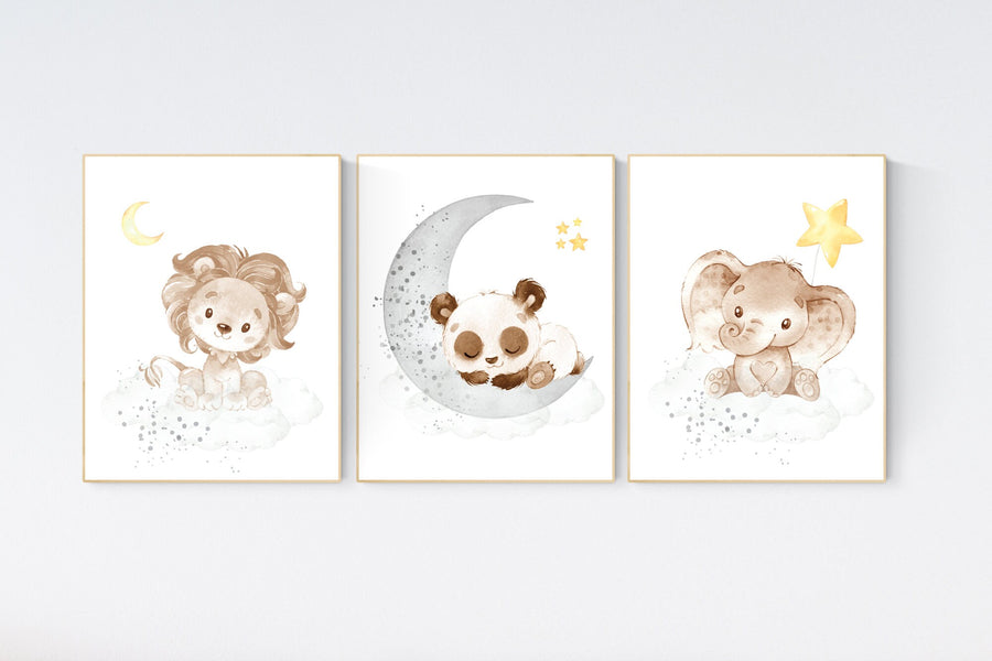 Nursery decor neutral, Yellow gray nursery, nursery wall art animals, elephant, lion, panda, moon, stars, gender neutral, yellow and gray