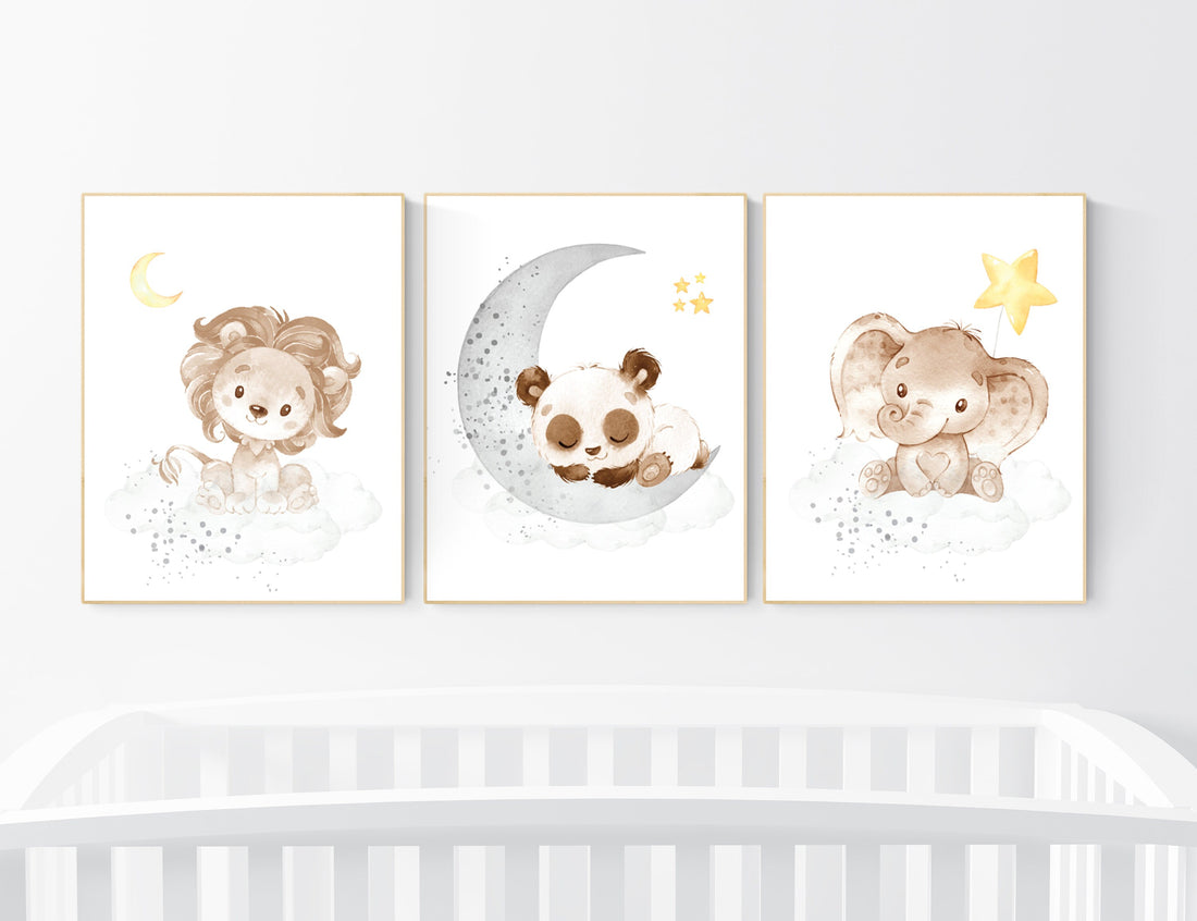Nursery decor neutral, Yellow gray nursery, nursery wall art animals, elephant, lion, panda, moon, stars, gender neutral, yellow and gray