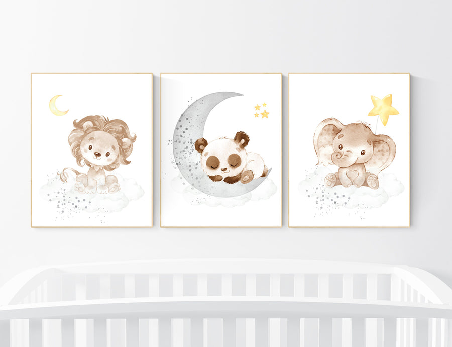Nursery decor neutral, Yellow gray nursery, nursery wall art animals, elephant, lion, panda, moon, stars, gender neutral, yellow and gray