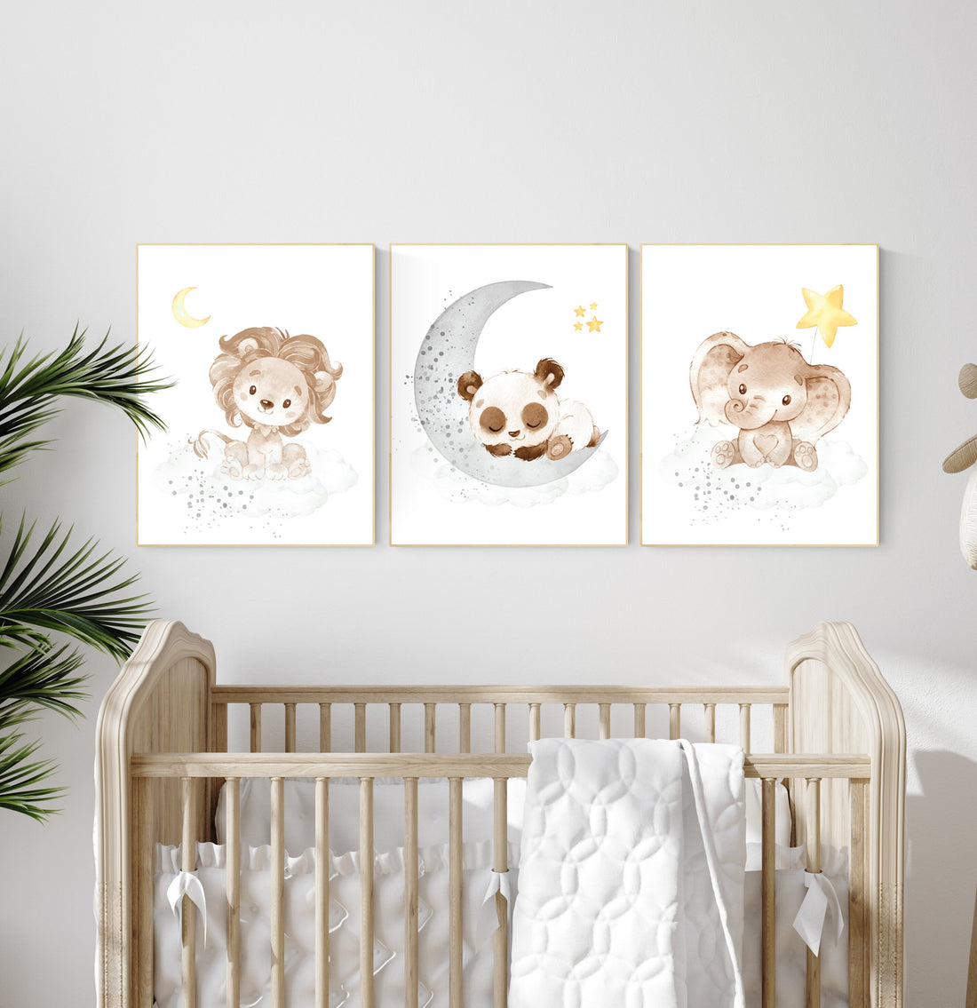Nursery decor neutral, Yellow gray nursery, nursery wall art animals, elephant, lion, panda, moon, stars, gender neutral, yellow and gray
