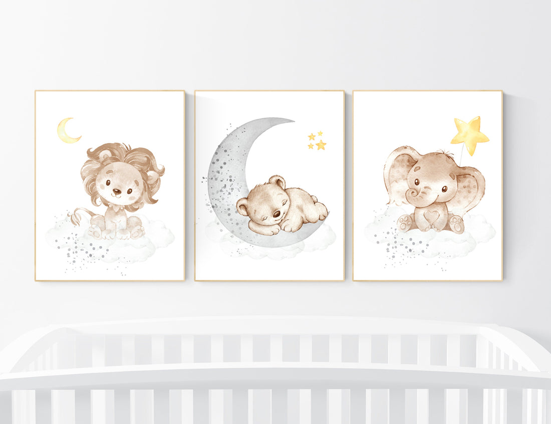 Nursery decor neutral, Yellow gray nursery, nursery wall art animals, elephant, lion, bear, moon, stars, gender neutral, yellow and gray