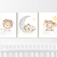 Nursery decor neutral, Yellow gray nursery, nursery wall art animals, elephant, lion, bear, moon, stars, gender neutral, yellow and gray