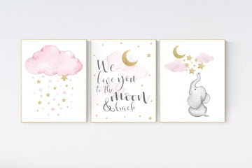 Pink and gold nursery, Nursery wall art girl elephant, we love you to the moon and back, pink nursery art, cloud and stars, baby room decor