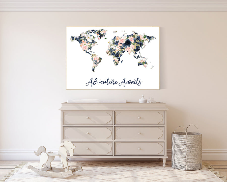 Nursery decor girl floral, map nursery art, world map, girl room decor, girl nursery decor flowers, blush and navy floral, blush navy