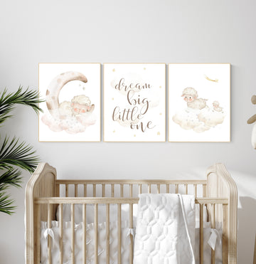 Sheep nursery decor, Gray nursery decor, nursery decor lambs, nursery wall art sheep, moon and cloud wall art nursery gender neutral nursery