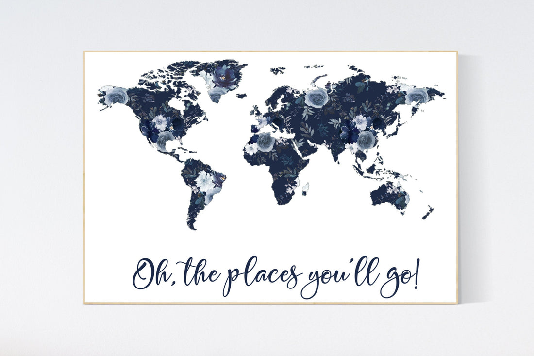 Floral nursery, girl nursery, map nursery art, world map, girl room decor, girl nursery, navy blue, girl nursery ideas