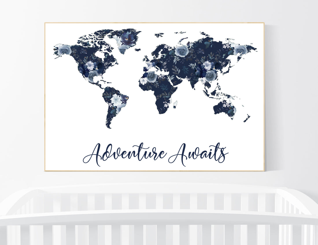 Floral nursery, girl nursery, map nursery art, world map, girl room decor, girl nursery, navy blue, girl nursery ideas