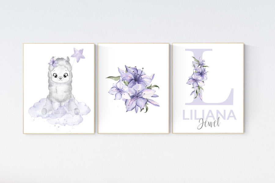 Llama nursery print, nursery decor girl, nursery wall art llama, Llama Print, lavender, Llama Wall Art, floral nursery