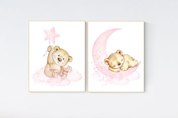 Pink girl room print, Nursery wall art bear, girl nursery decor animals, baby girl room, teddy bear, nursery art, girl room decor