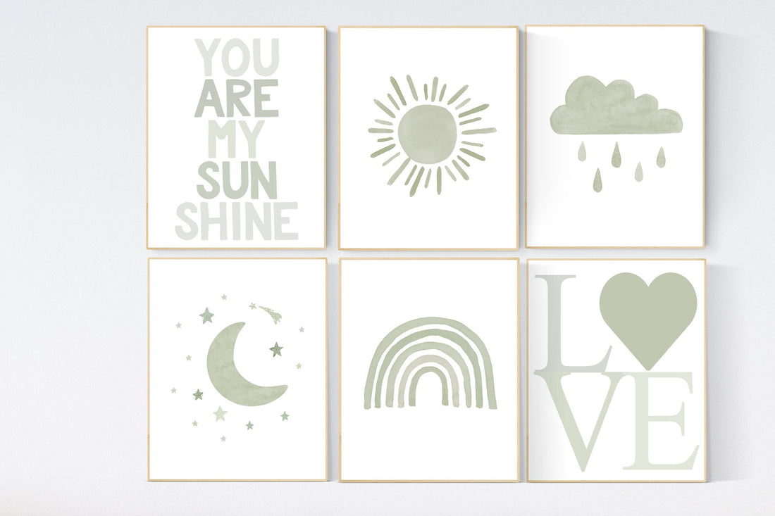 Nursery prints rainbow, gender neutral, sage green nursery wall decor, rainbow, sun, your are my sunshine, nursery decor neutral, green