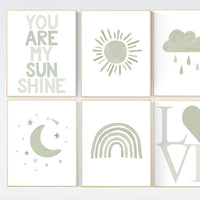 Nursery prints rainbow, gender neutral, sage green nursery wall decor, rainbow, sun, your are my sunshine, nursery decor neutral, green