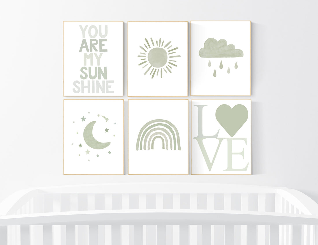 Nursery prints rainbow, gender neutral, sage green nursery wall decor, rainbow, sun, your are my sunshine, nursery decor neutral, green