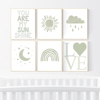 Nursery prints rainbow, gender neutral, sage green nursery wall decor, rainbow, sun, your are my sunshine, nursery decor neutral, green