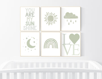 Nursery prints rainbow, gender neutral, sage green nursery wall decor, rainbow, sun, your are my sunshine, nursery decor neutral, green