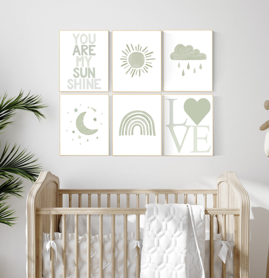 Nursery prints rainbow, gender neutral, sage green nursery wall decor, rainbow, sun, your are my sunshine, nursery decor neutral, green