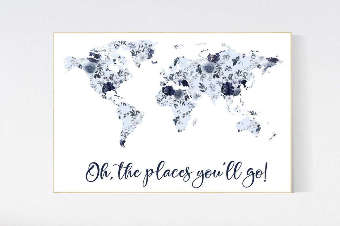 Floral nursery, girl nursery, map nursery art, world map, girl room decor, girl nursery, navy blue, girl nursery ideas