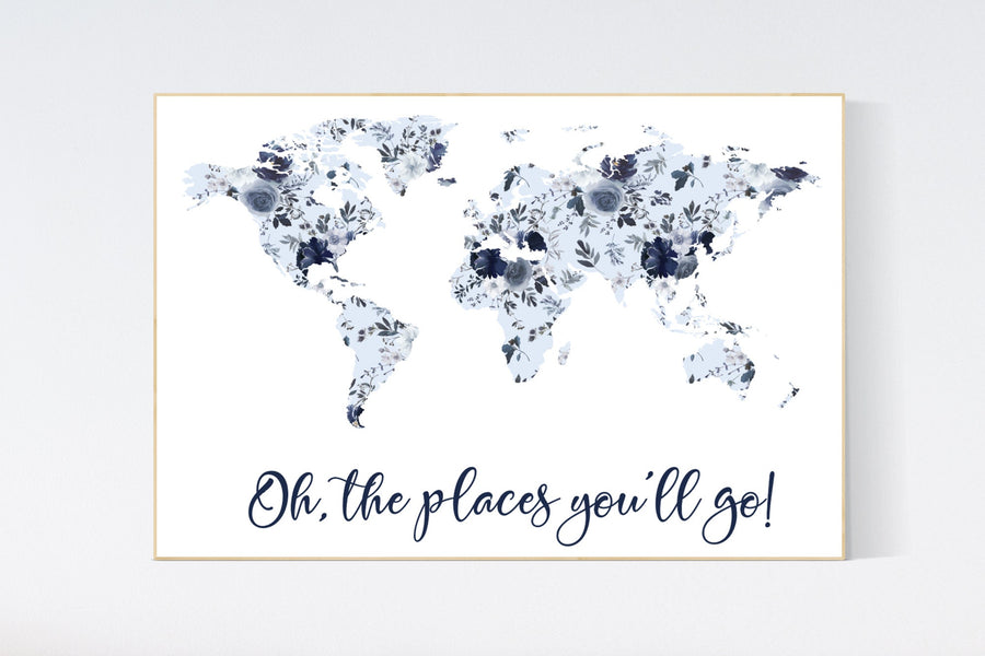 Floral nursery, girl nursery, map nursery art, world map, girl room decor, girl nursery, navy blue, girl nursery ideas