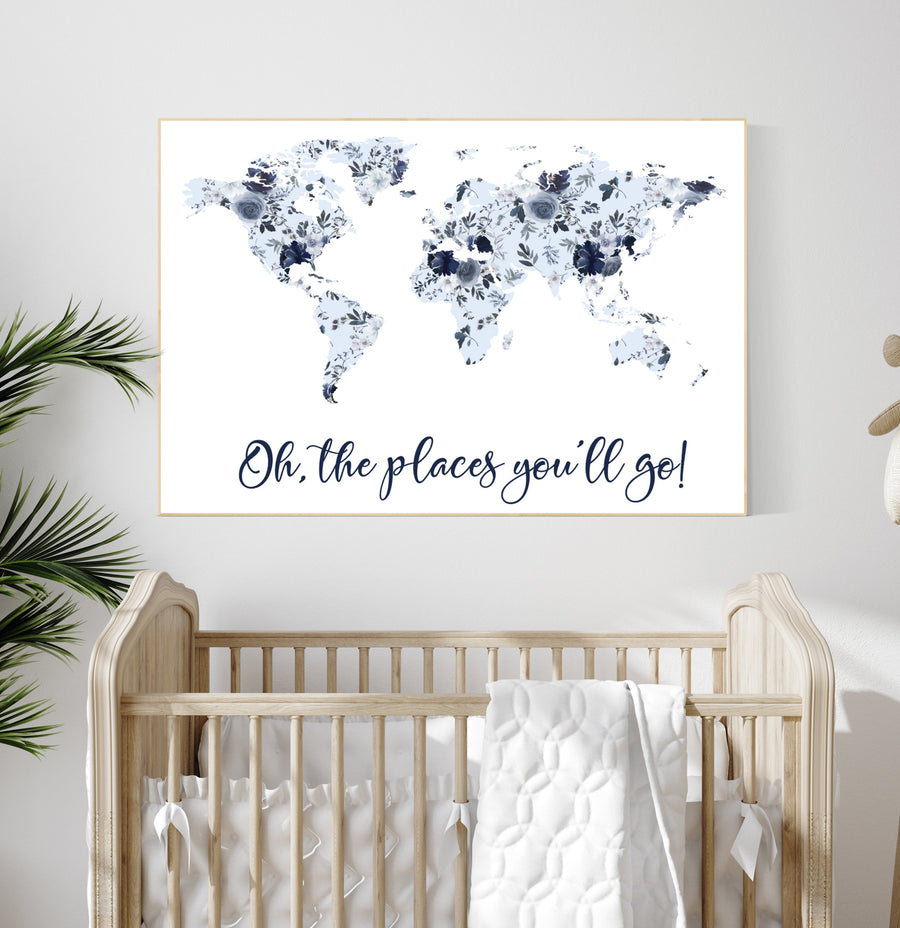 Floral nursery, girl nursery, map nursery art, world map, girl room decor, girl nursery, navy blue, girl nursery ideas