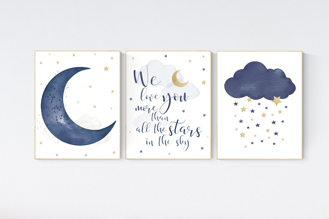 Navy nursery decor, cloud and stars, moon and stars, navy gold nursery art. baby room wall art, boy nursery decor, set of 3, nursery art