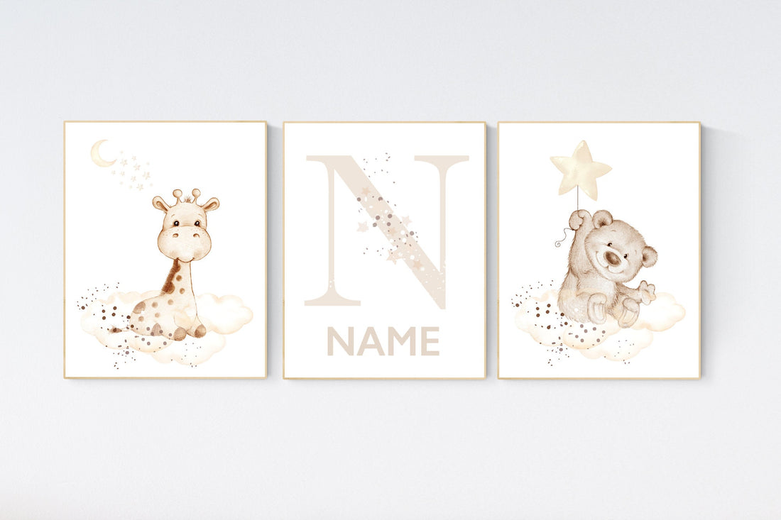 Nursery wall art animals, beige nursery, gender neutral nursery, neutral nursery, baby room decor, bear, giraffe, name nursery, neutral