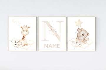 Nursery wall art animals, beige nursery, gender neutral nursery, neutral nursery, baby room decor, bear, giraffe, name nursery, neutral