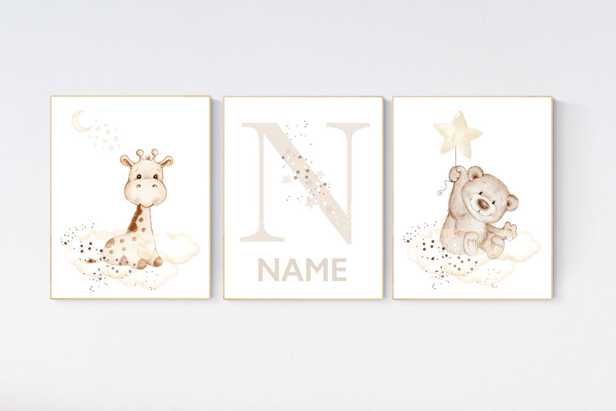Nursery wall art animals, beige nursery, gender neutral nursery, neutral nursery, baby room decor, bear, giraffe, name nursery, neutral