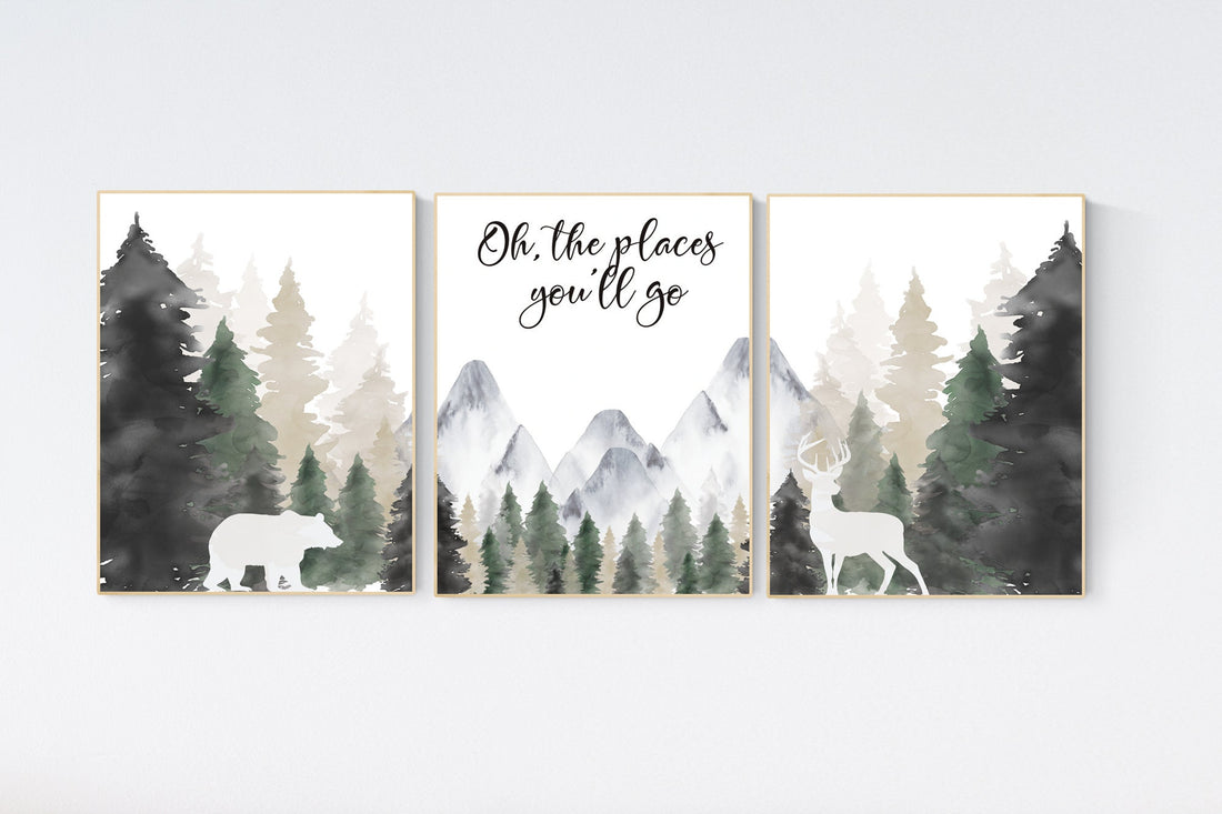 Woodland nursery, mountain wall art, tree nursery decor, adventure theme nursery, forest, sage green, beige, woodland animals