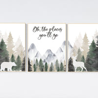 Woodland nursery, mountain wall art, tree nursery decor, adventure theme nursery, forest, sage green, beige, woodland animals