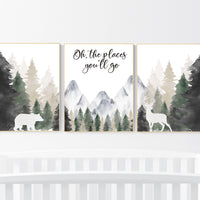 Woodland nursery, mountain wall art, tree nursery decor, adventure theme nursery, forest, sage green, beige, woodland animals