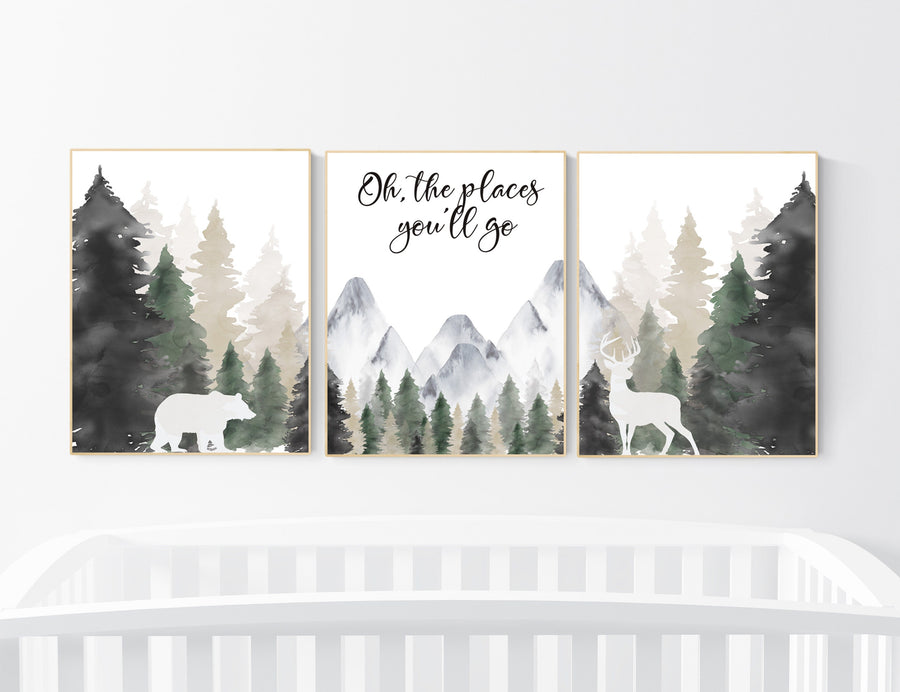 Woodland nursery, mountain wall art, tree nursery decor, adventure theme nursery, forest, sage green, beige, woodland animals