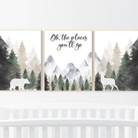 Nursery decor woodland, mountain wall art, tree nursery decor, adventure theme nursery, forest, sage green, beige, woodland animals