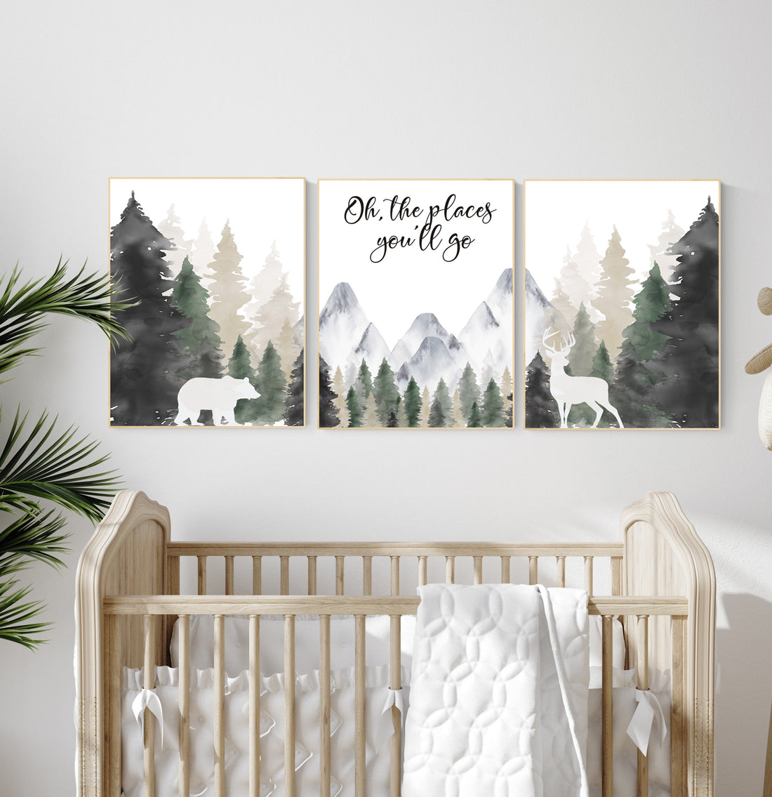 Woodland nursery, mountain wall art, tree nursery decor, adventure theme nursery, forest, sage green, beige, woodland animals